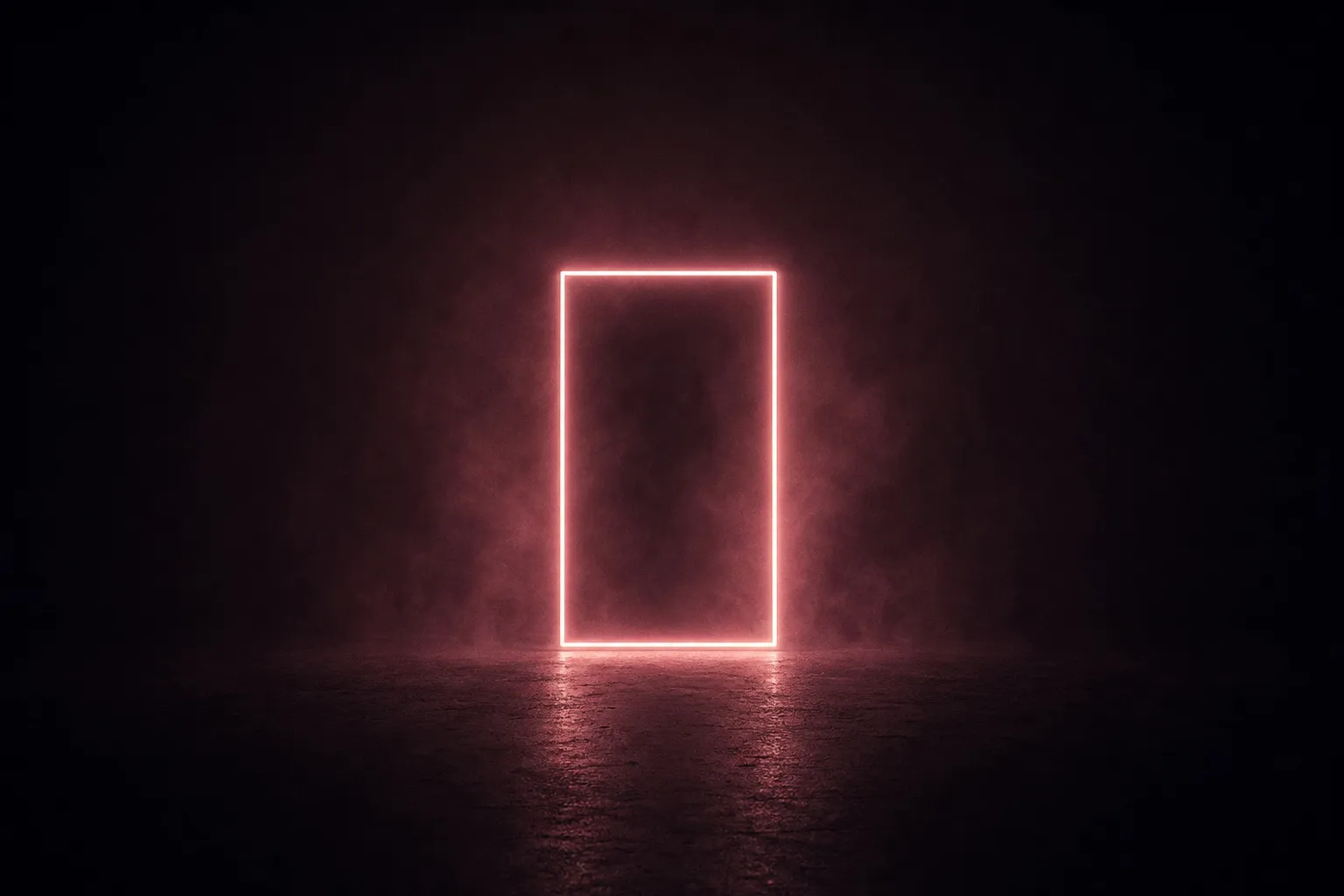 A glowing neon rectangle on a hazy dusk stage